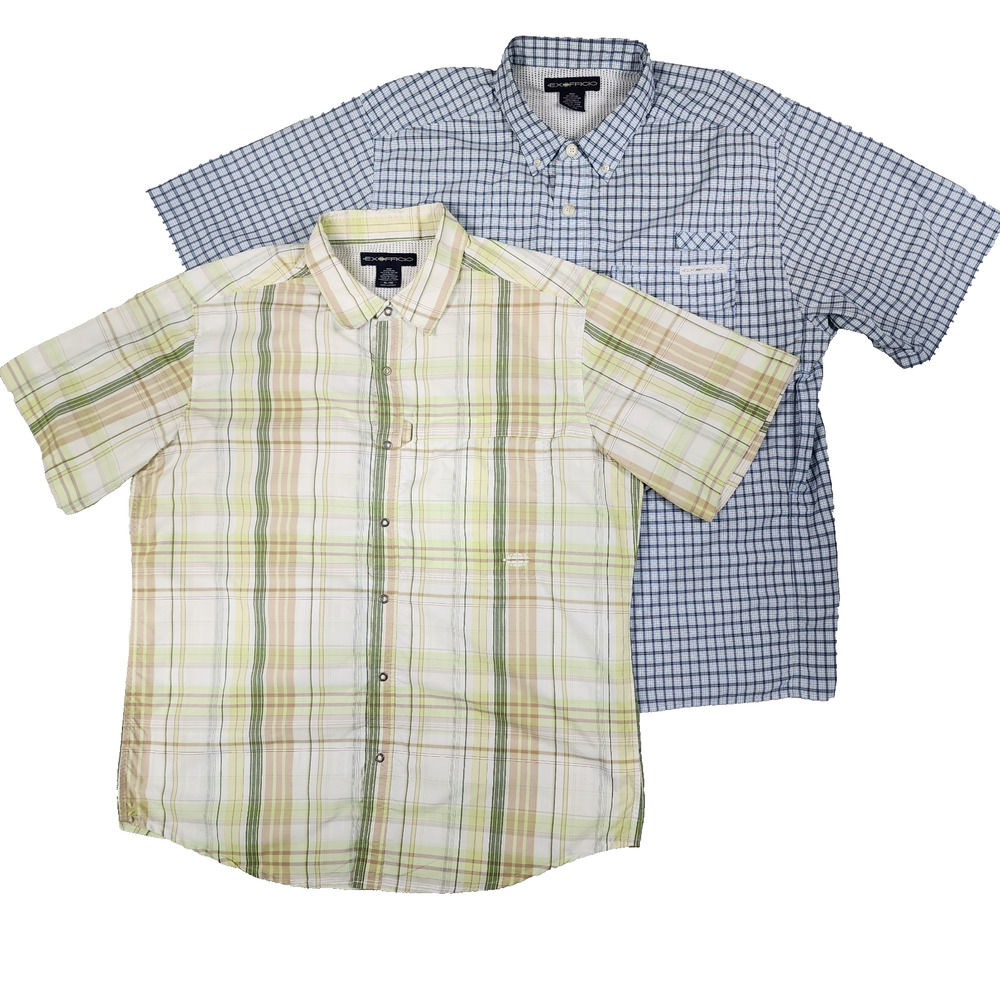 ExOfficio Mens XL Short Sleeve Plaid Vented Fishing Shirts Nylon Lot of 2
